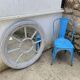 Large vintage gray cart wheel wooden wall mirror