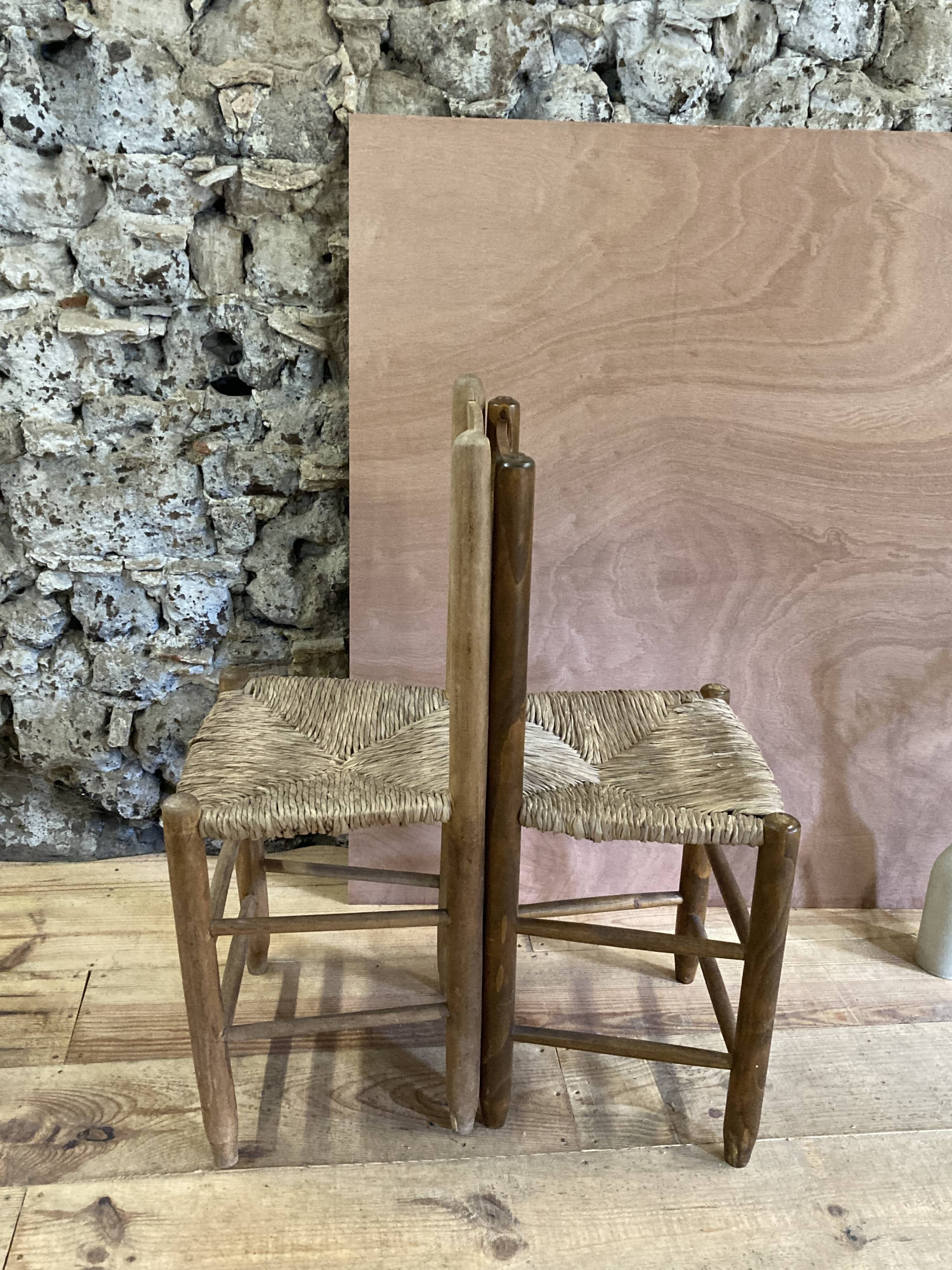 Pair of rustic-style vintage straw wood brutalist chairs