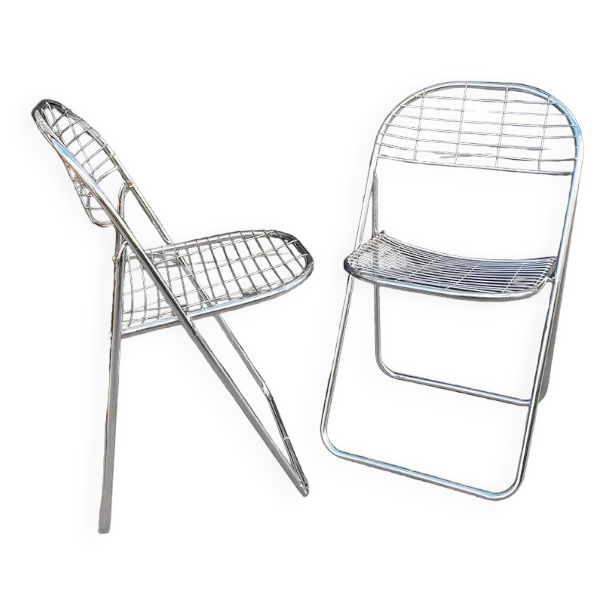 Pair of Niels Gammelgaard (?) "aland" mesh folding chairs, chrome, 1970
