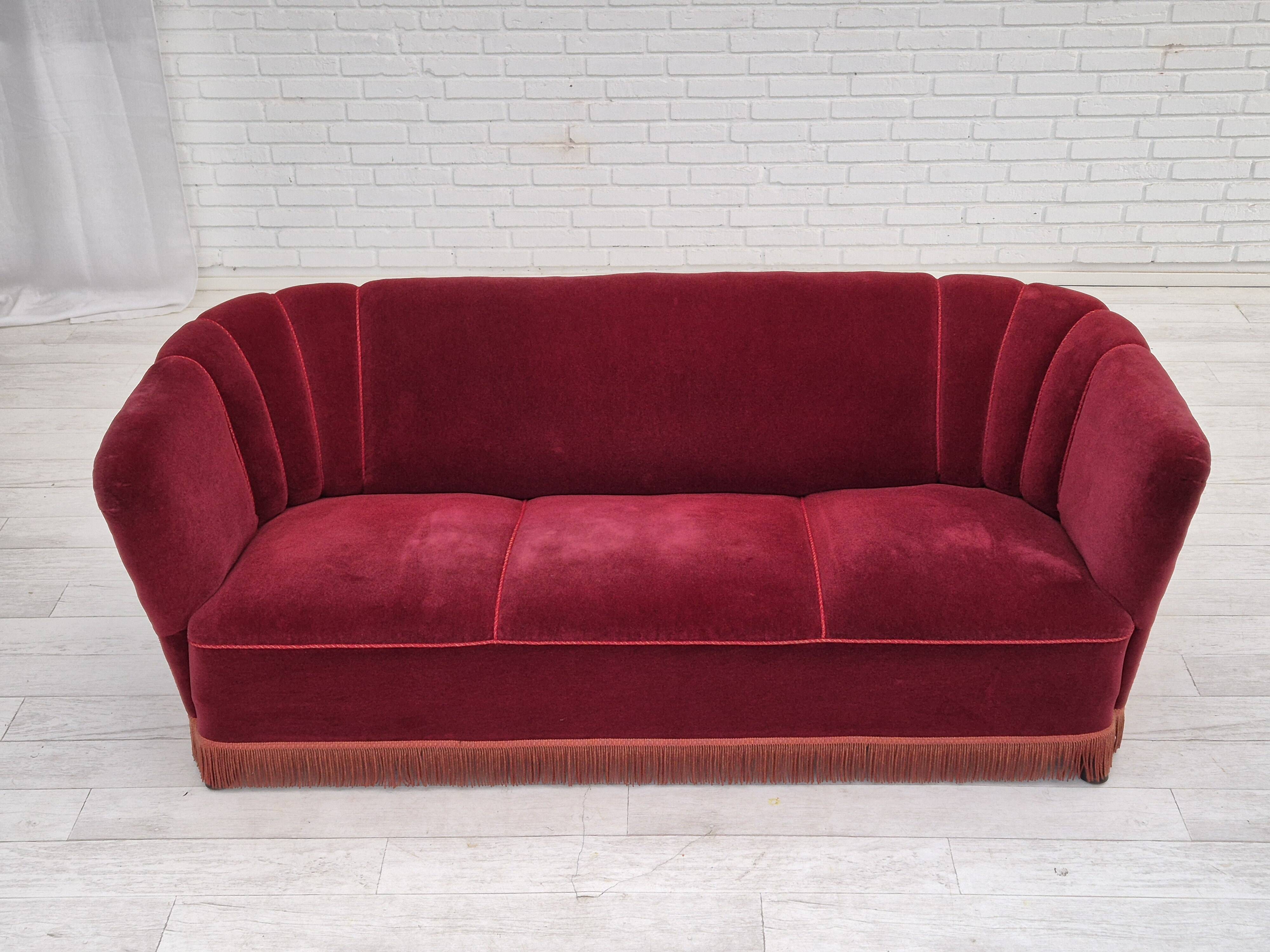 1960s, Danish 3 seater sofa, original condition, cherry-red furniture velour.