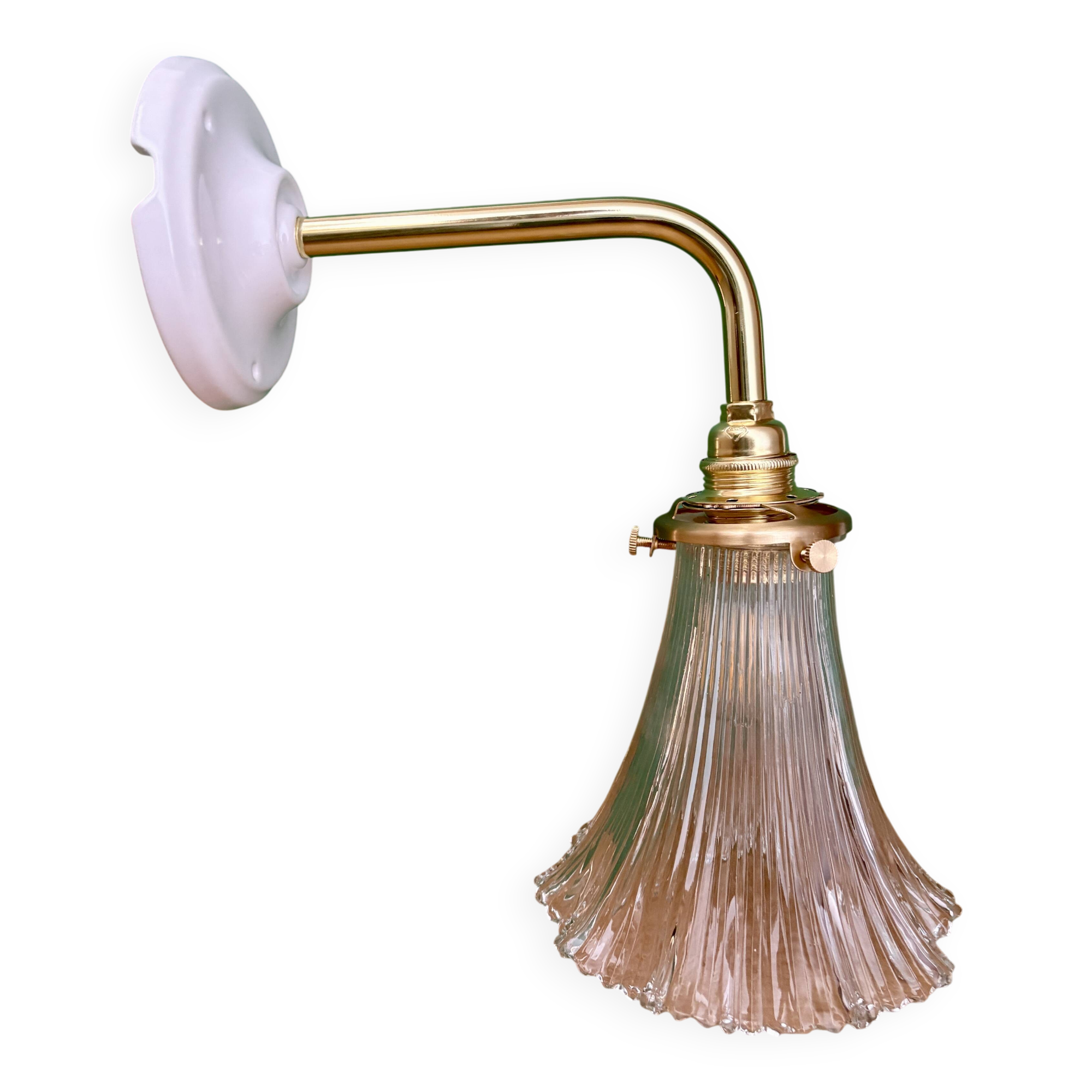Applique coudée tulipe vintage en verre holophane