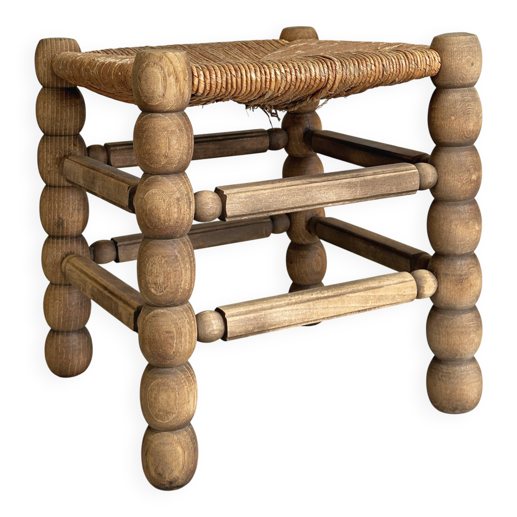 Tabouret ancien en bois et paille tressée
