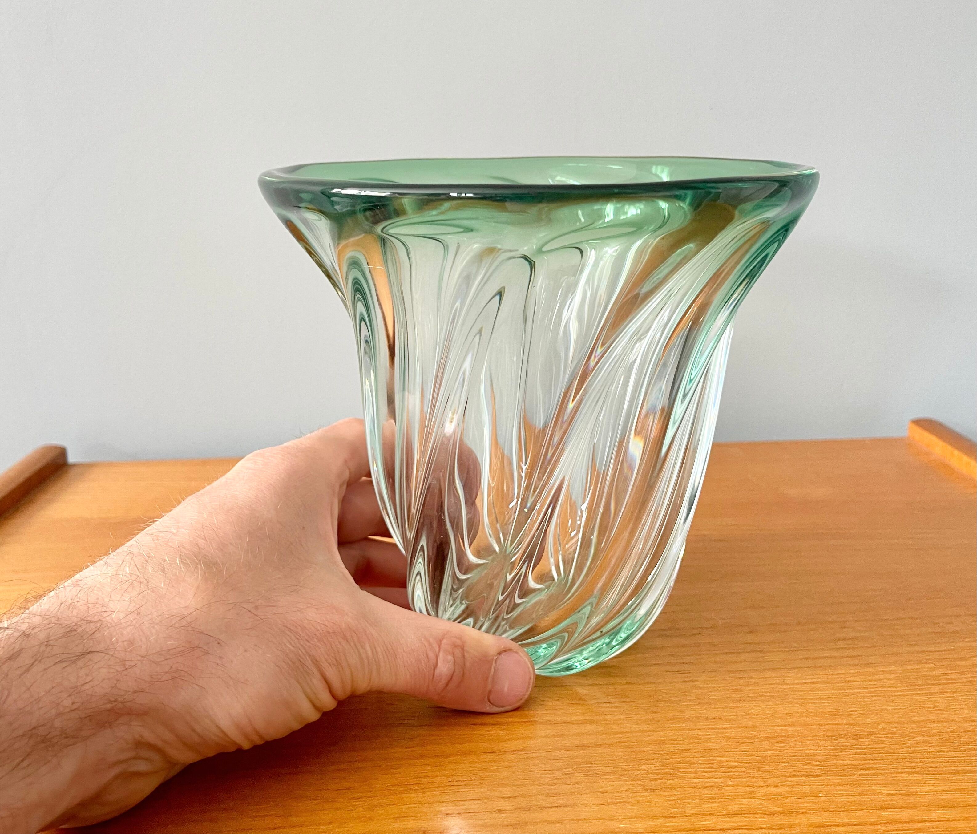 Val St Lambert Green Glass Vase from Belgium