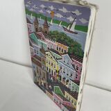 Acrylic painting, naive art, street scene Brazil, colorful colonial houses, sea, sailing boats