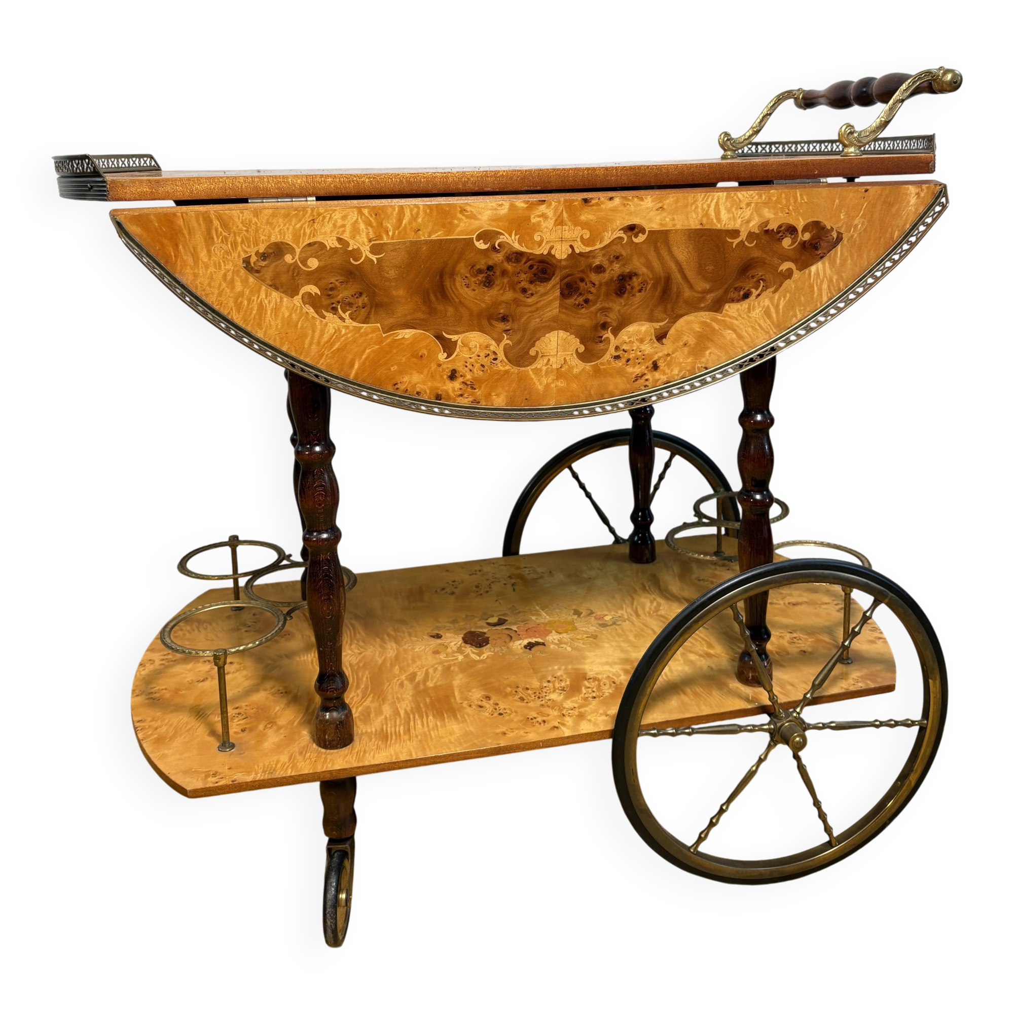 Chariot à boissons en noyer incrusté Sorrento vintage italien | Environ années 1970 | Coppe