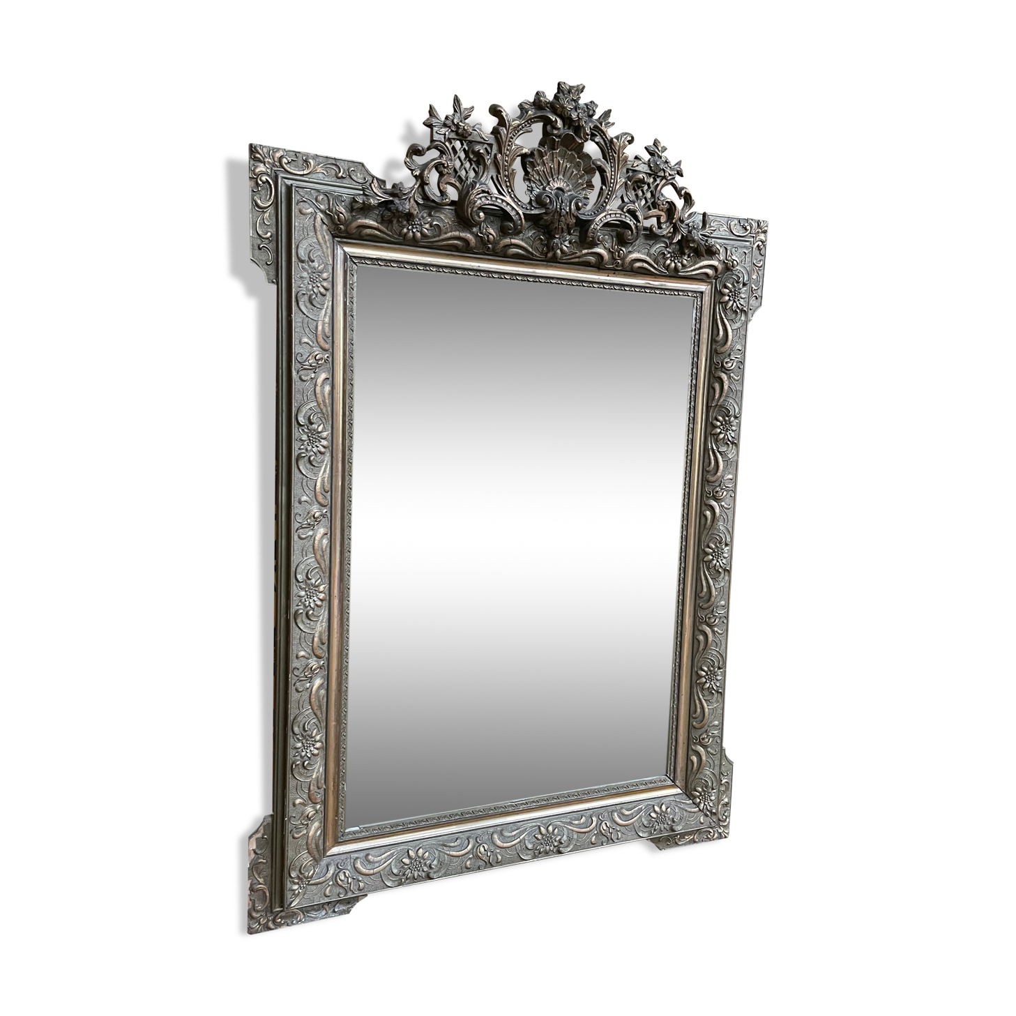 Napoleon iii pediment mirror in gilded stucco and green patina