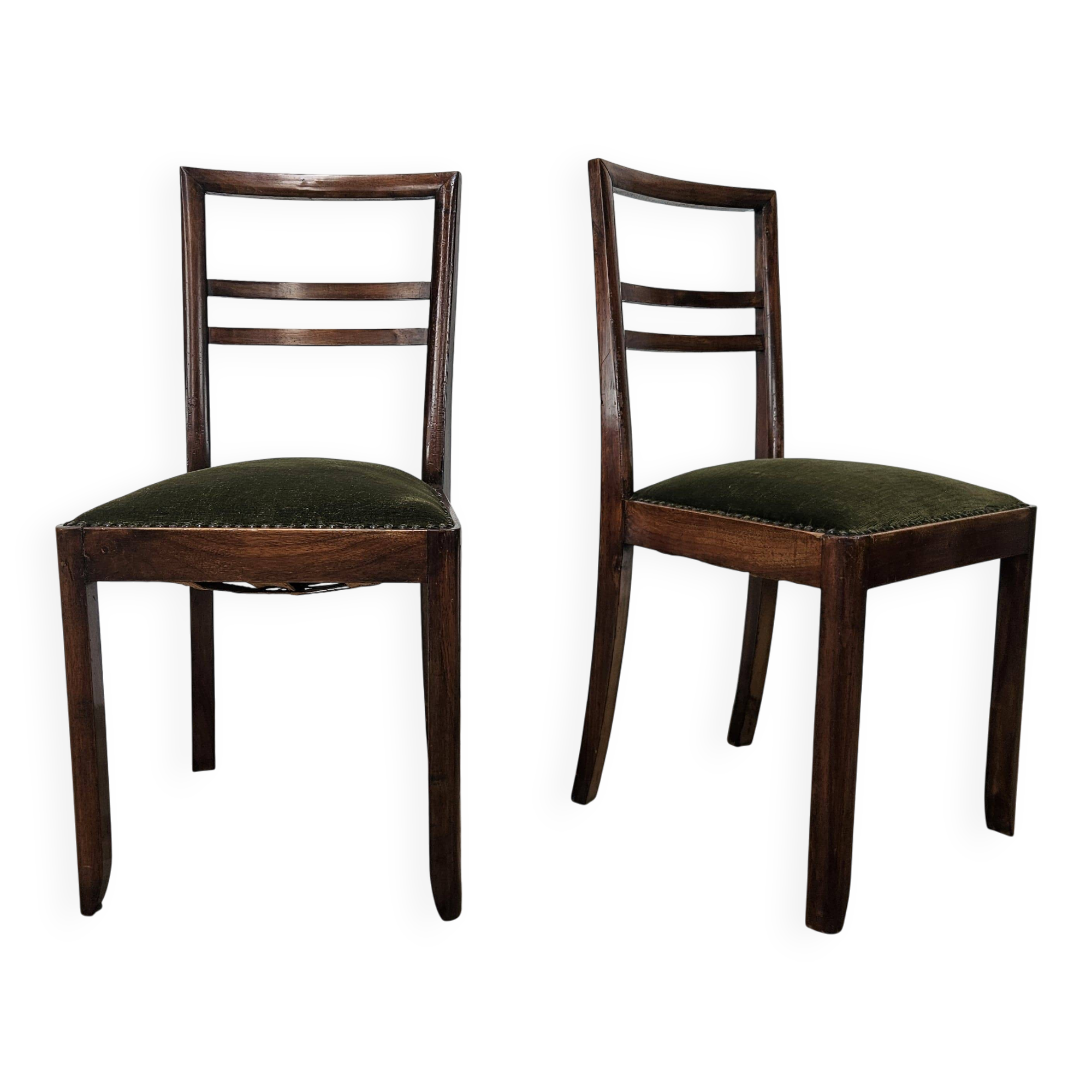 Art Decò dining chairs in walnut and fabric, 1940