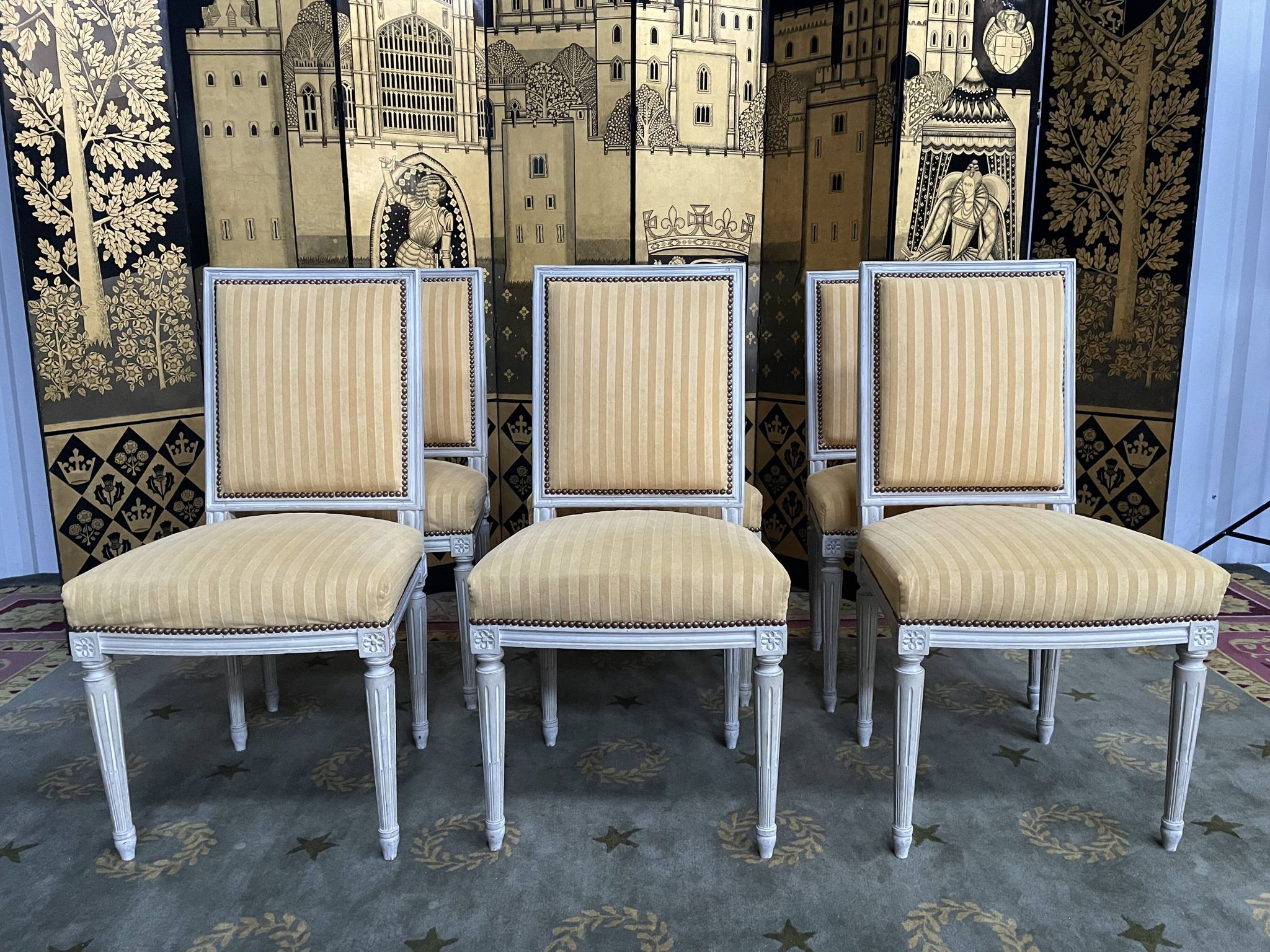 Suite of 6 louis XVI style chairs yellow velvet