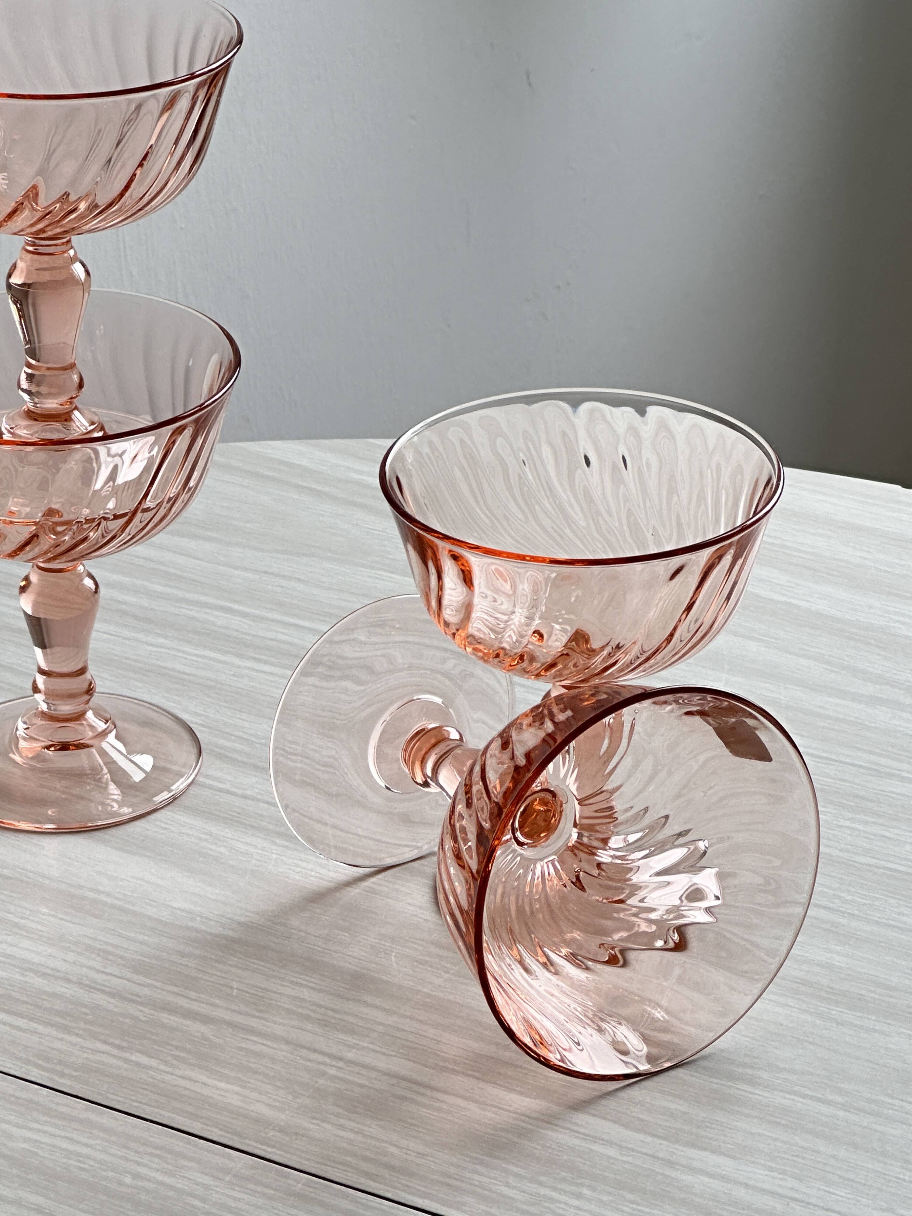 10 Vintage Twisted Pink Glass Champagne Coupes