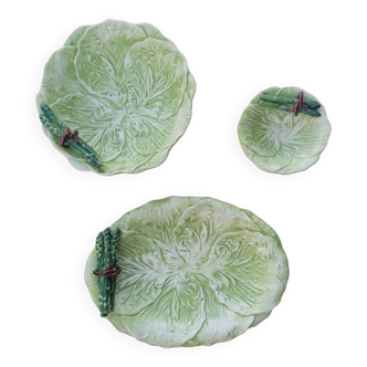 Set of 3 vintage asparagus and cabbage leaves slip dishes made in Italy