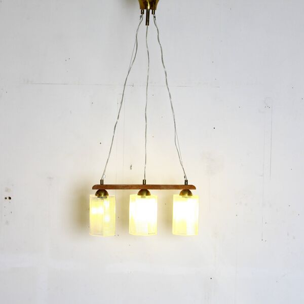Suspension en teck, laiton et verre, Danemark, années 1970
