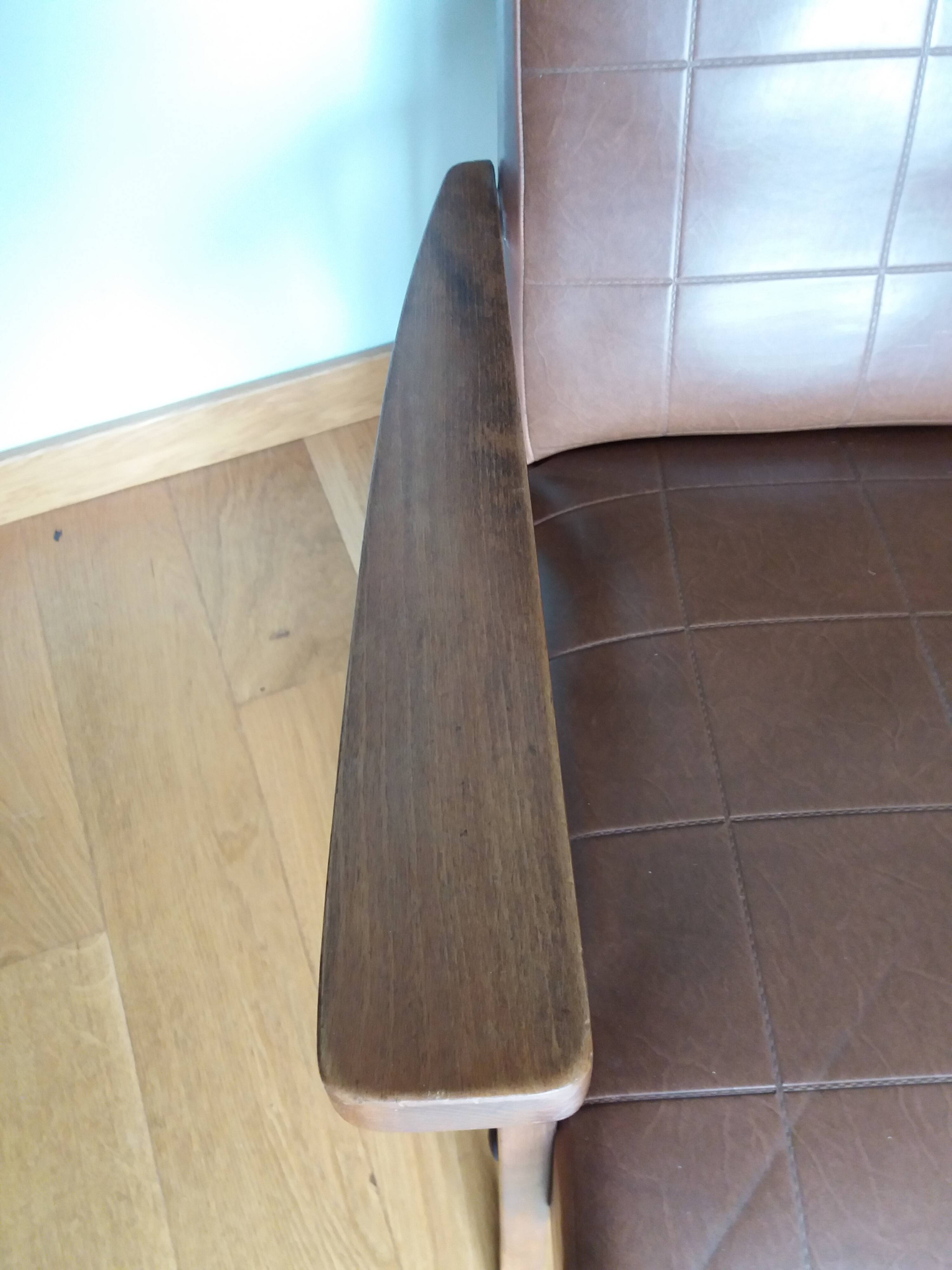 Scandinavian armchair in brown leatherette and wood