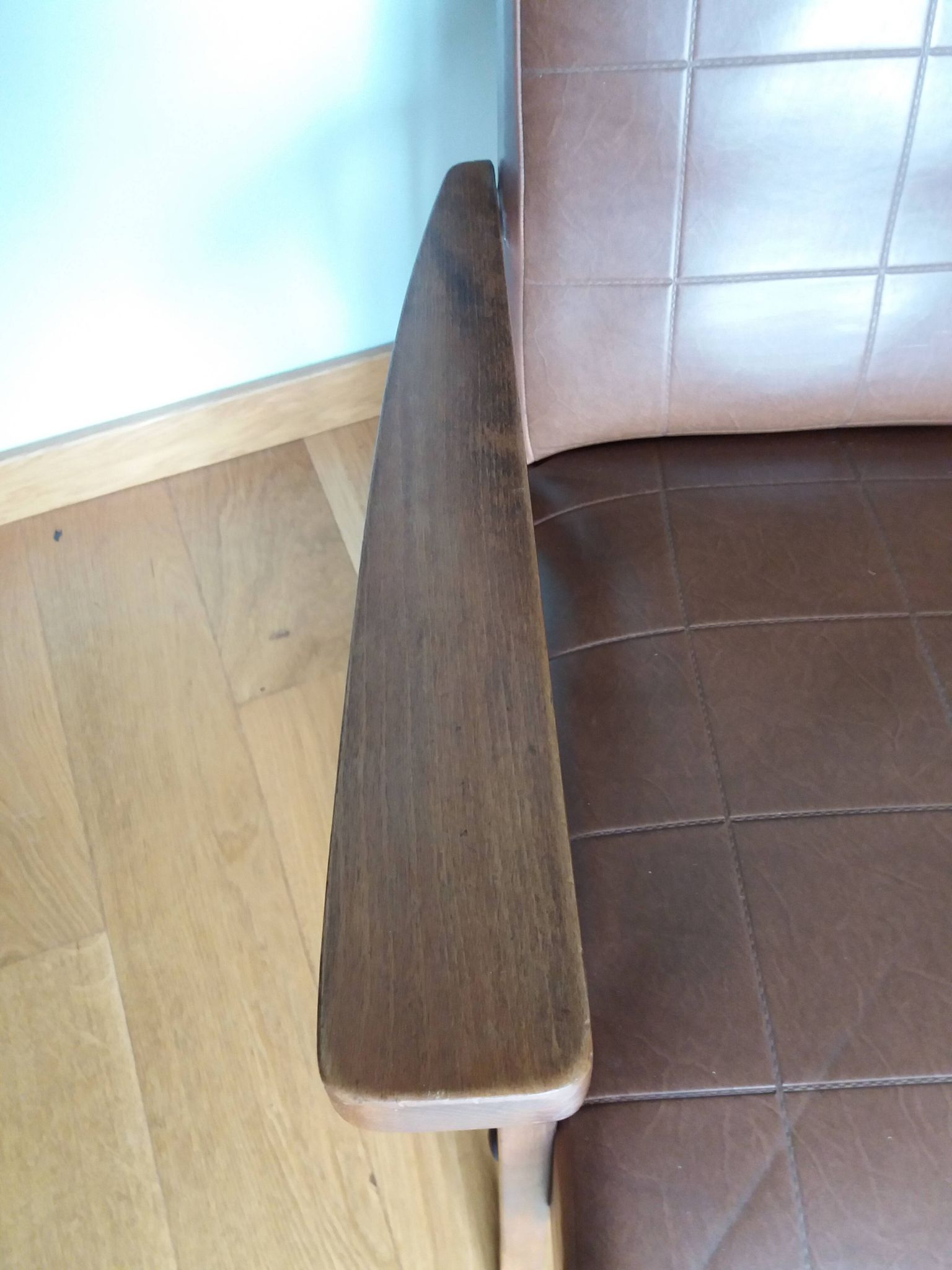 Scandinavian armchair in brown leatherette and wood
