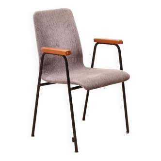 Chaise vintage en tissus gris et pieds noirs avec accoudoirs