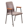 Chaise vintage en tissus gris et pieds noirs avec accoudoirs