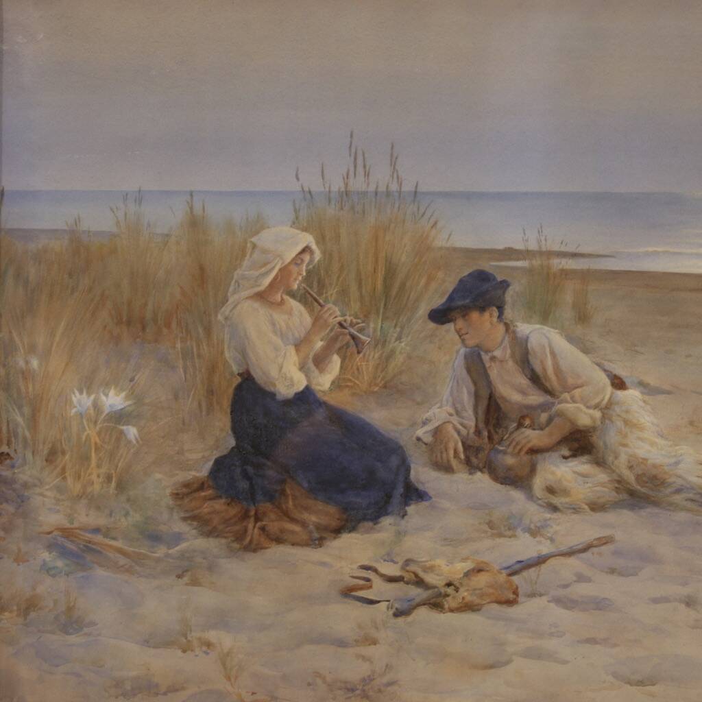 Italian painting watercolor seascape from the 20th century