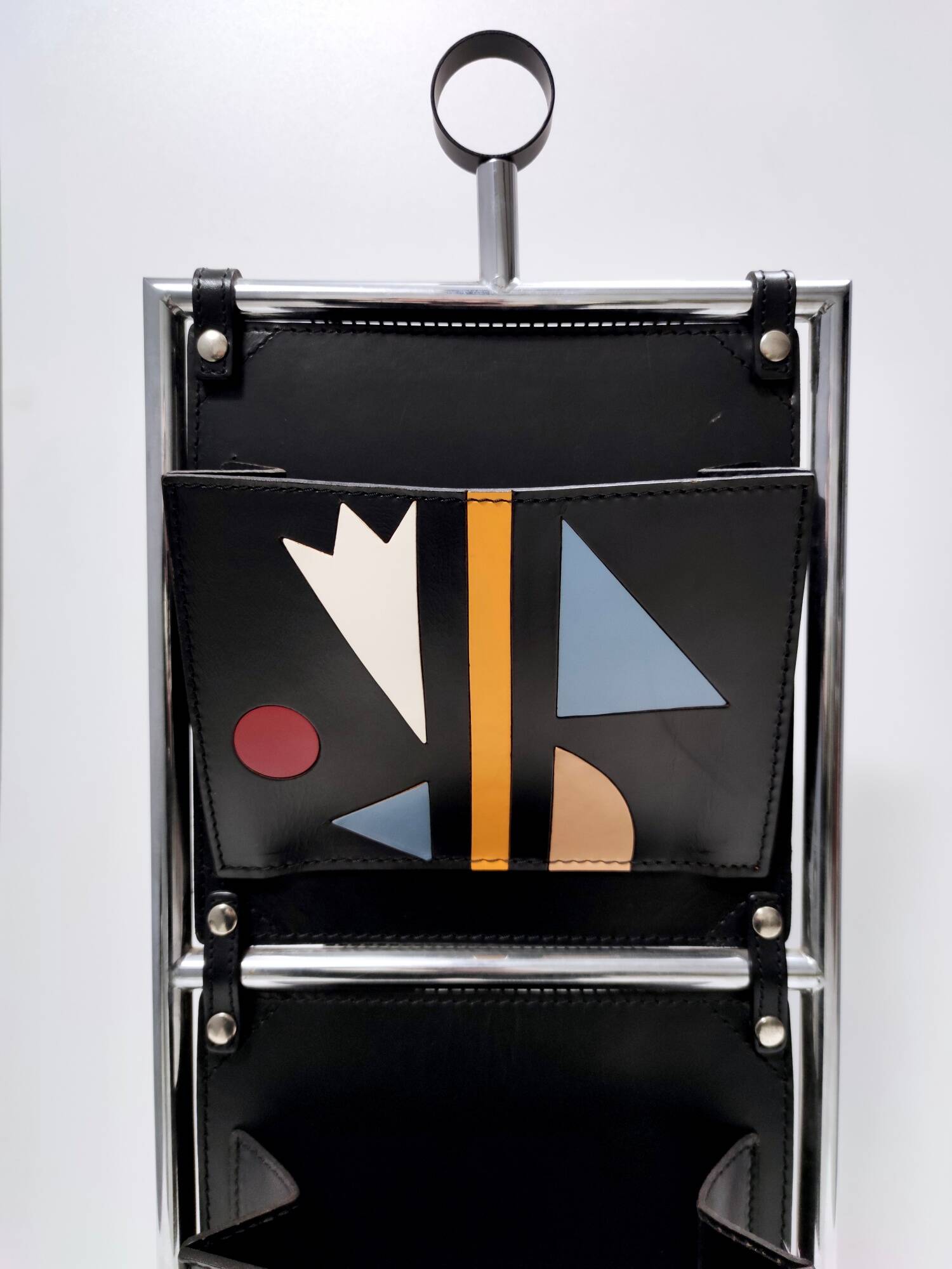 Black Leather and Chrome-Plated Metal Magazine Rack by Salmistraro, Italy