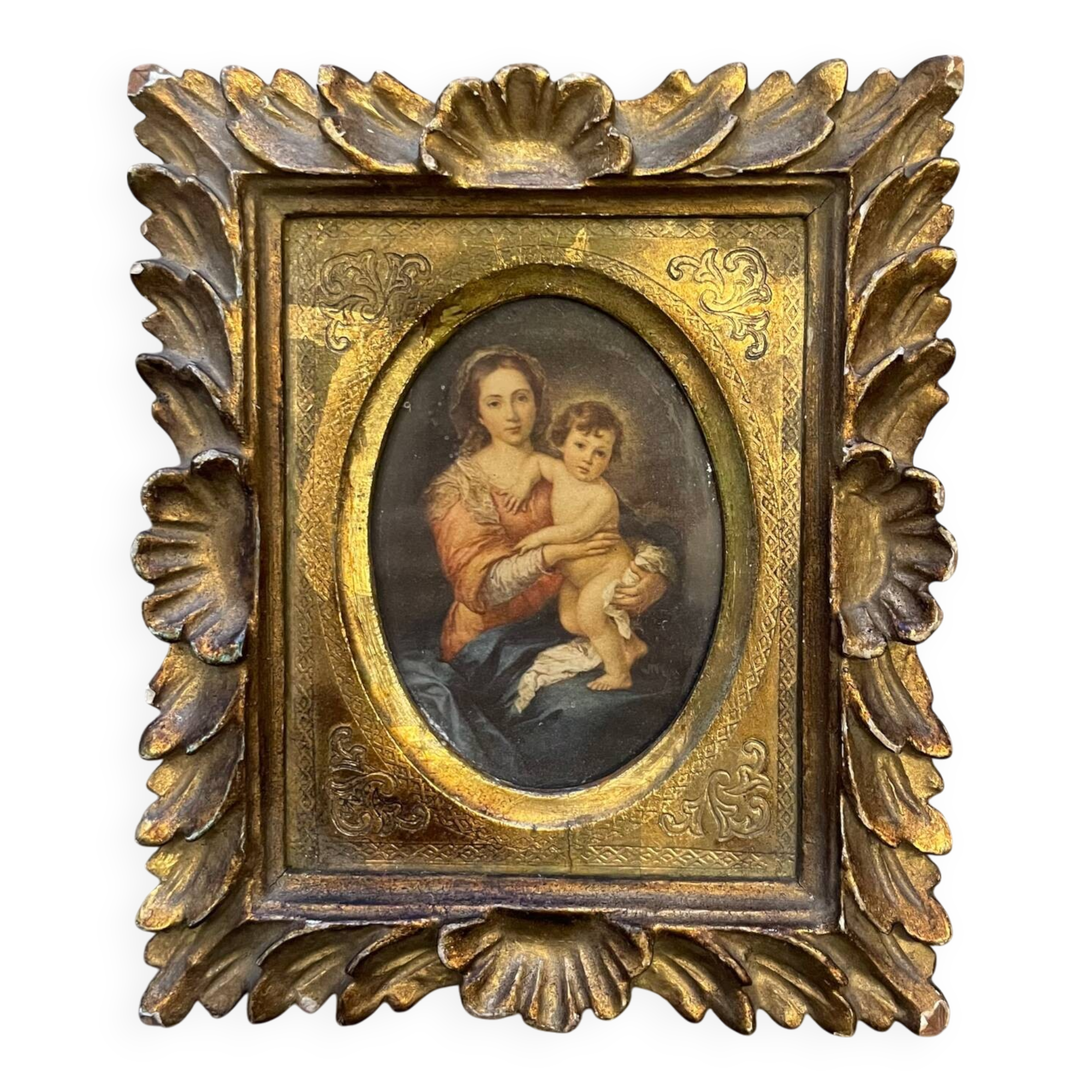 Old painting religious image carved wooden frame
