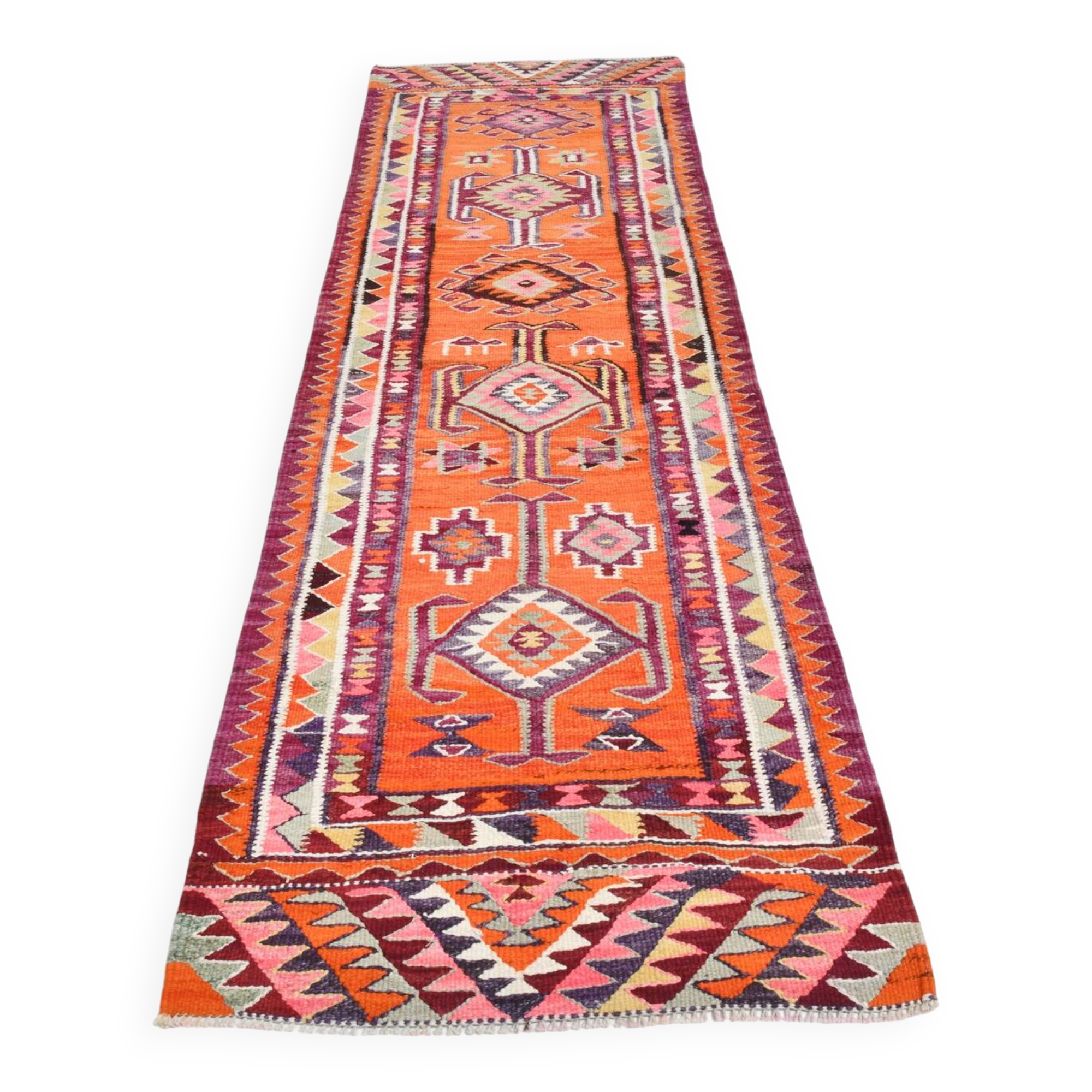 Burgundy & Orange Vintage Kilim Runner Rug, 92x292Cm