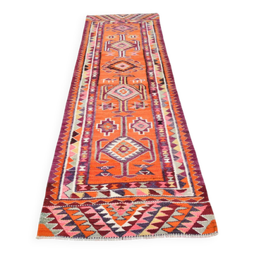 Tapis Kilim vintage bordeaux et orange, 92 x 292 cm