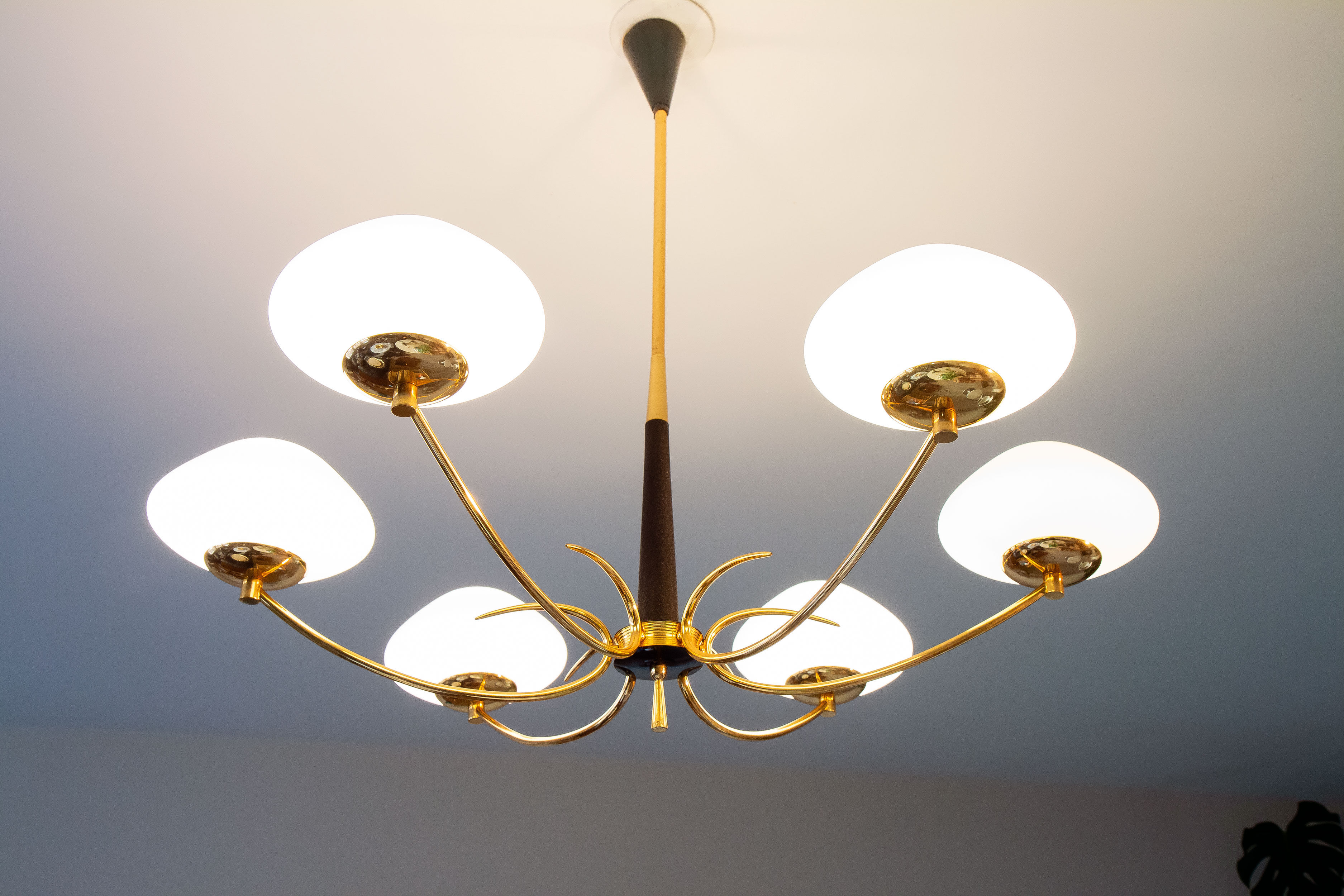 Pendant light in brass and opaline 50s