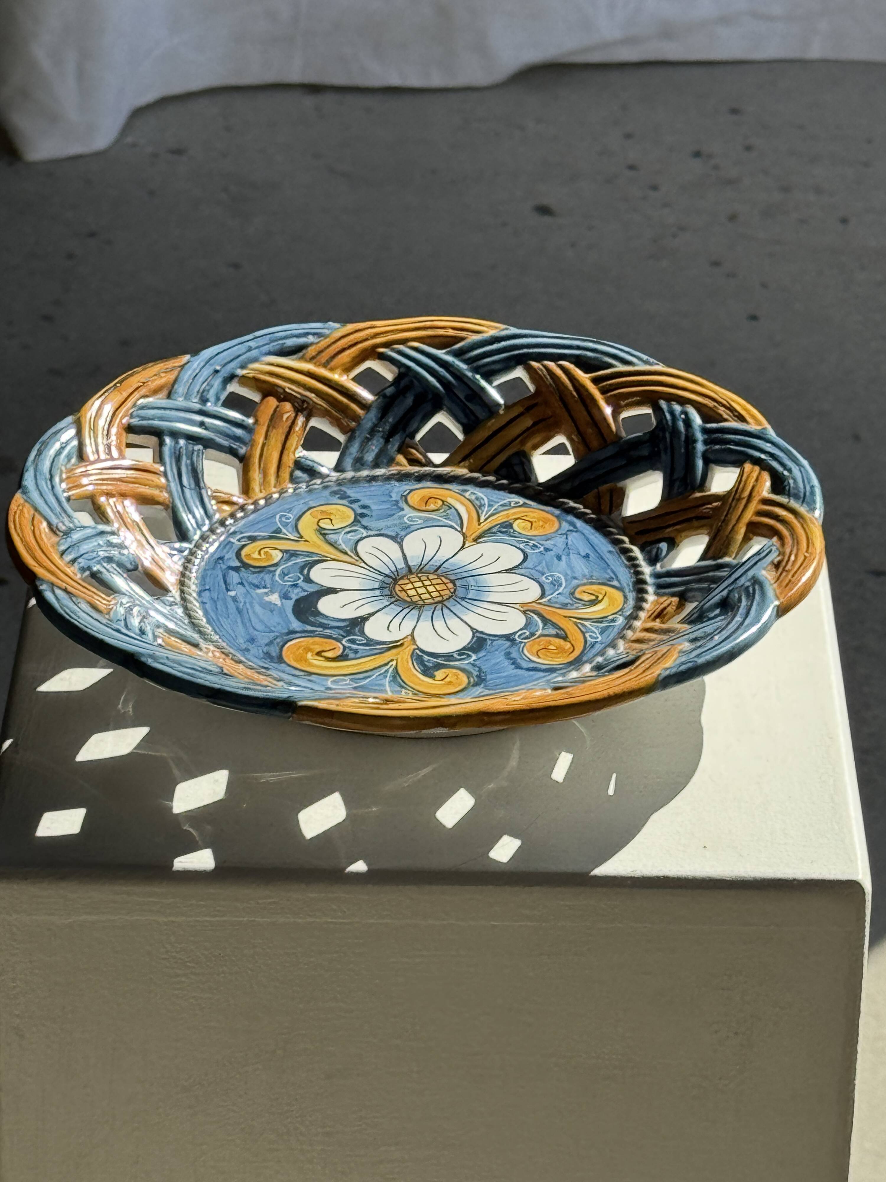 Glazed ceramic fruit bowl by Brancaleone, Italy, with floral decoration.