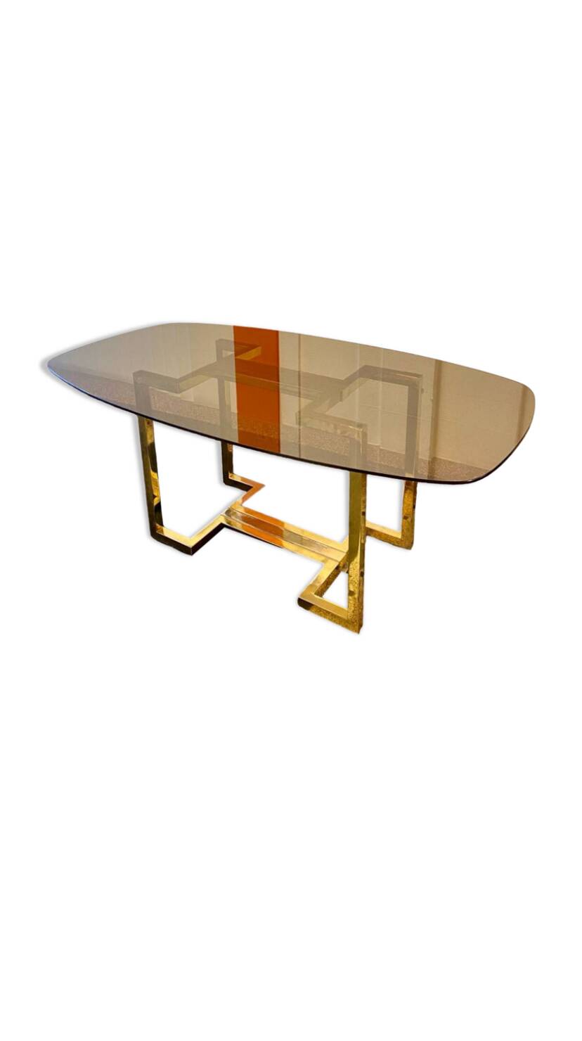Belgo chrome dining table from the 70s with smoked glass