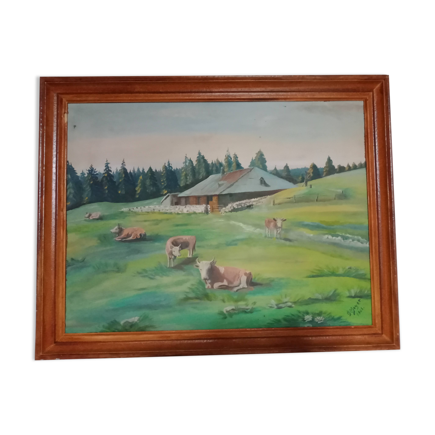 Mountain landscape painting and cows