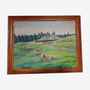 Mountain landscape painting and cows