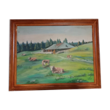 Mountain landscape painting and cows