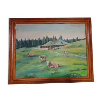 Mountain landscape painting and cows