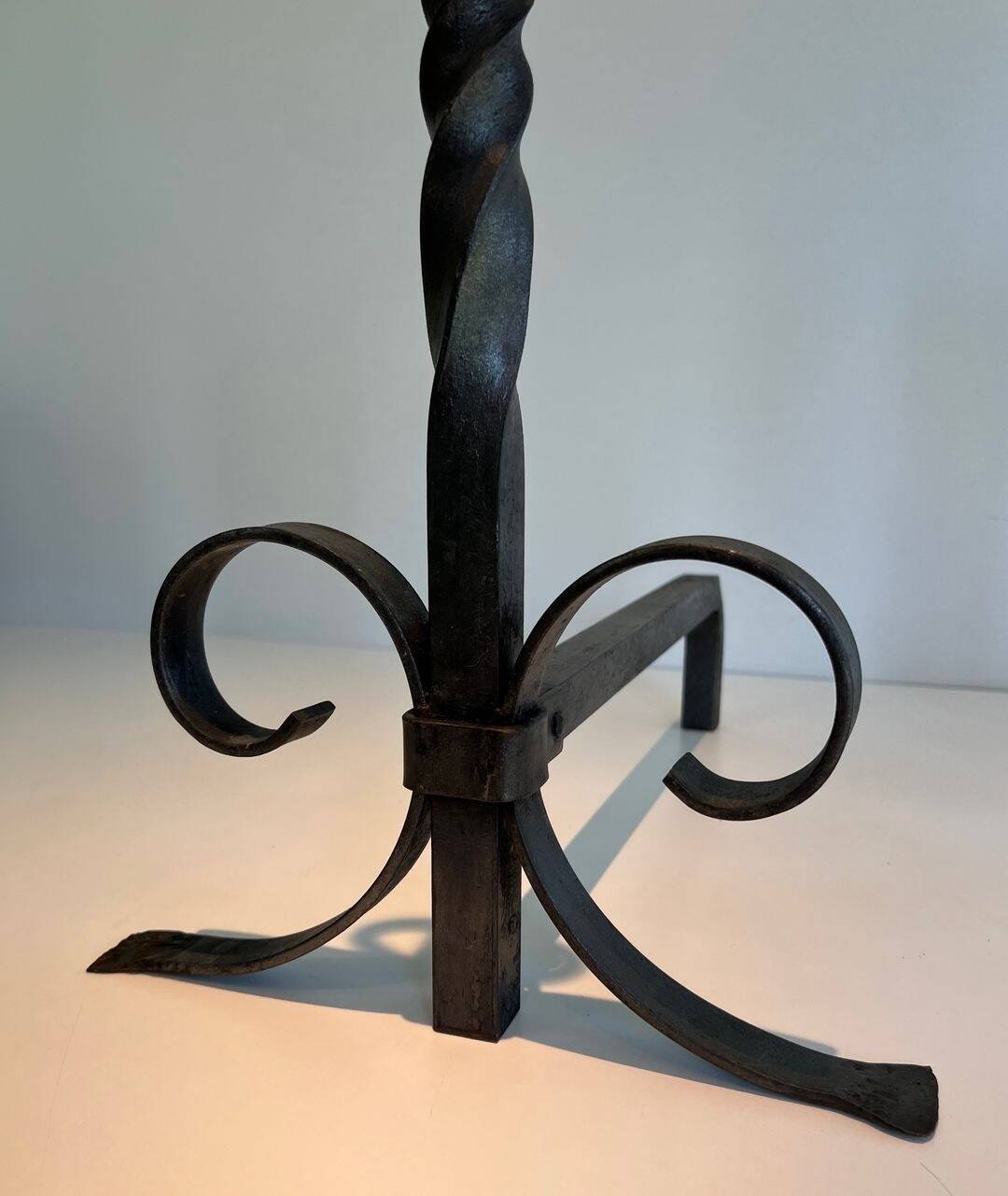 Pair of Neoclassical Fire Dogs in Wrought Iron with Twisted Columns, Finials
