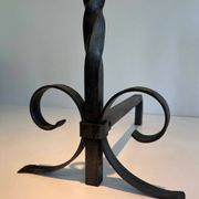 Pair of Neoclassical Fire Dogs in Wrought Iron with Twisted Columns, Finials