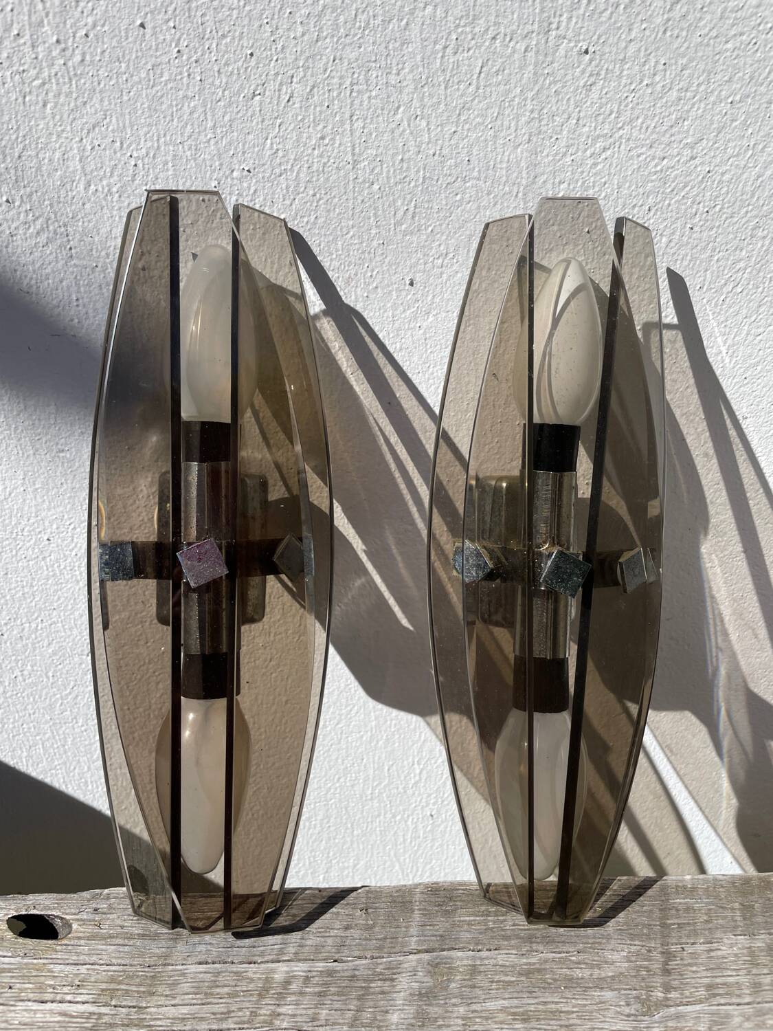Pair of Italian Veca smoked glass wall lights
