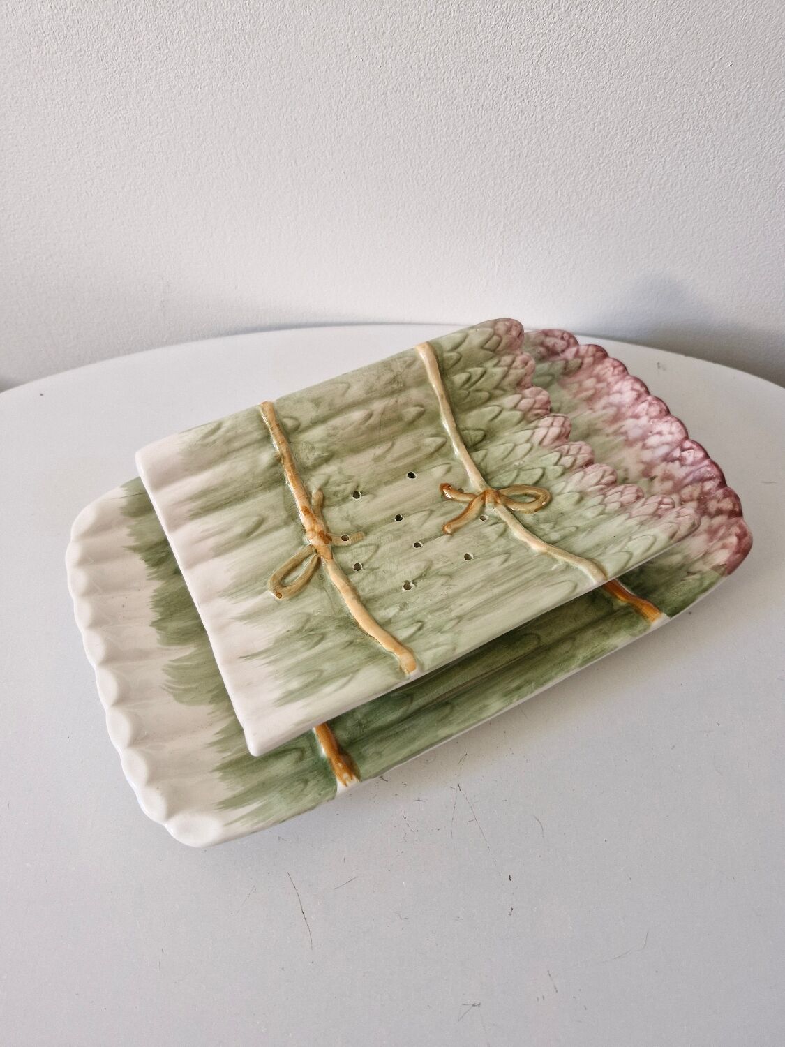 Old dish and asparagus drainer Barbotine ceramic