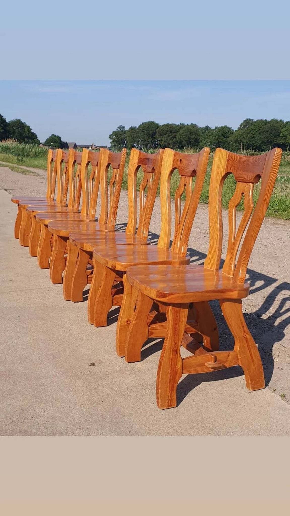 Ensemble de 8 chaises de salle à manger néerlandaises vintage en pin massif des années 1970.