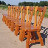 Set 8 vintage Pine dutch dining chairs solid wood 1970s