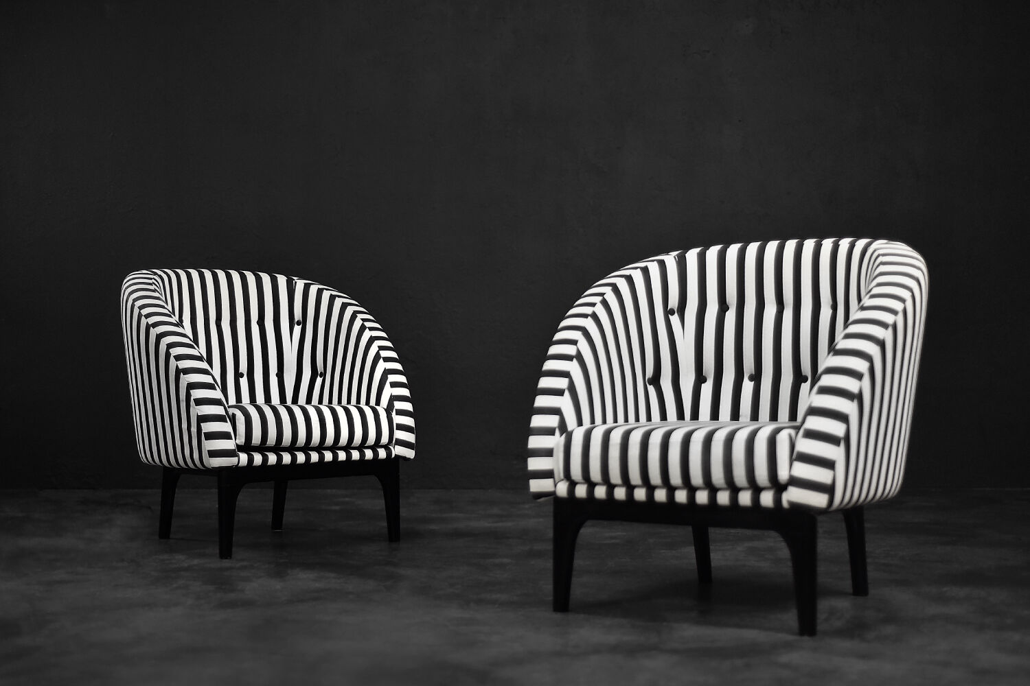 Mid-century modern Scandinavian rounded armchairs with black and white stripes, 1960s.