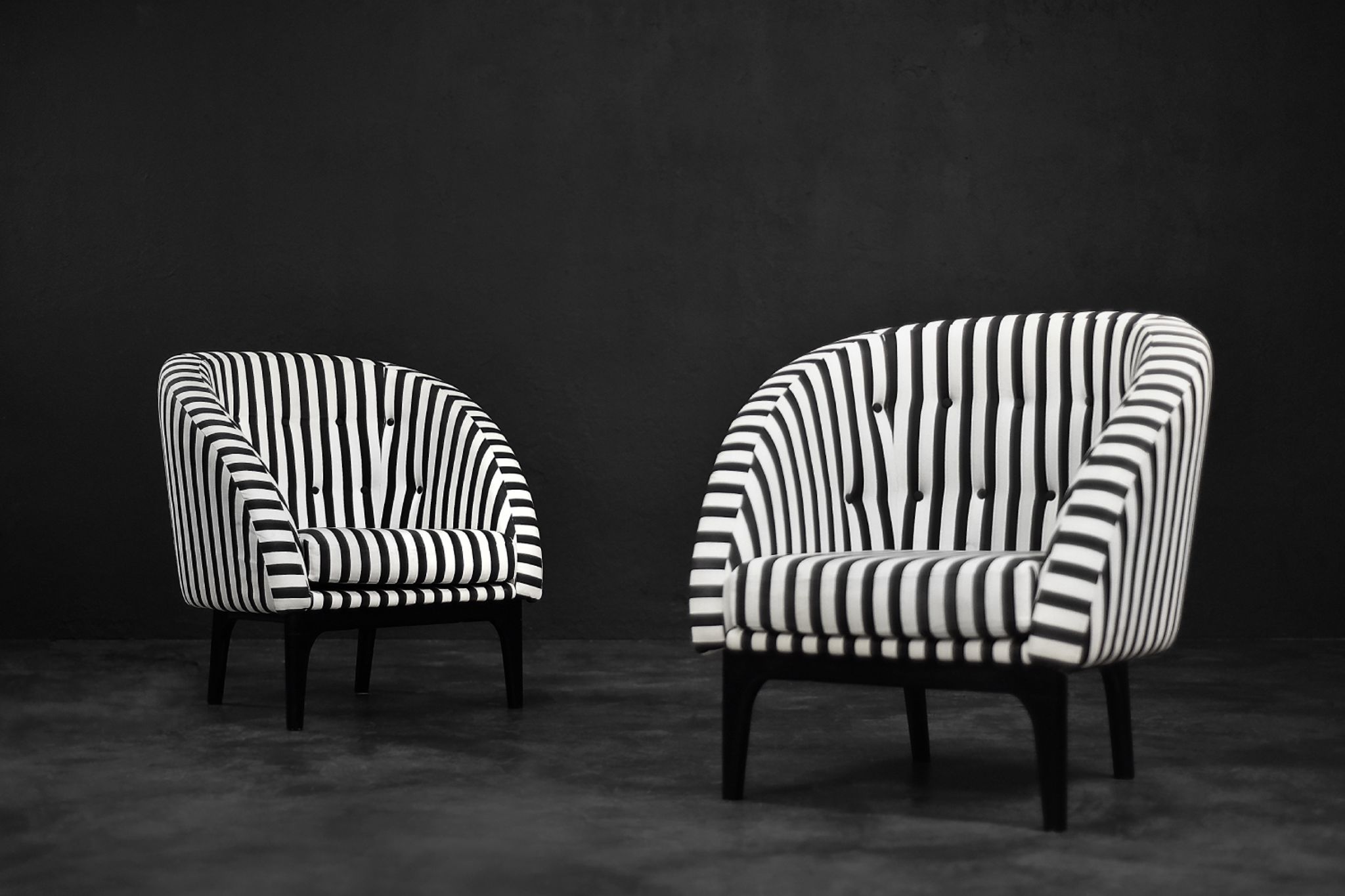 Mid-century modern Scandinavian rounded armchairs with black and white stripes, 1960s.