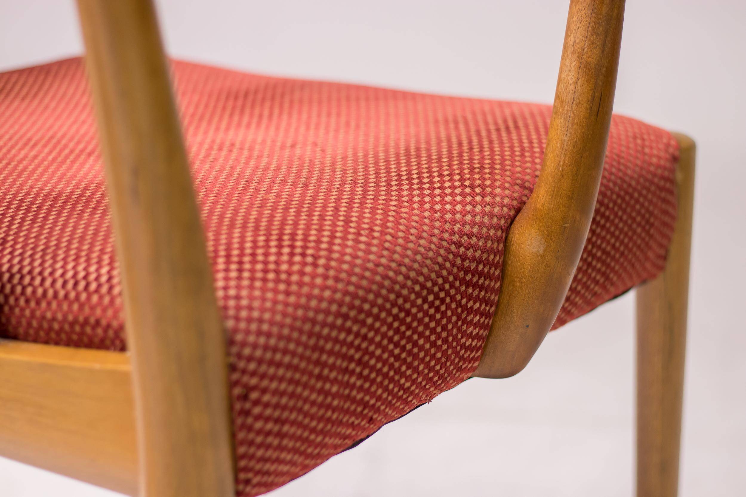 Set of six carved walnut dining chairs, Italy, 1955