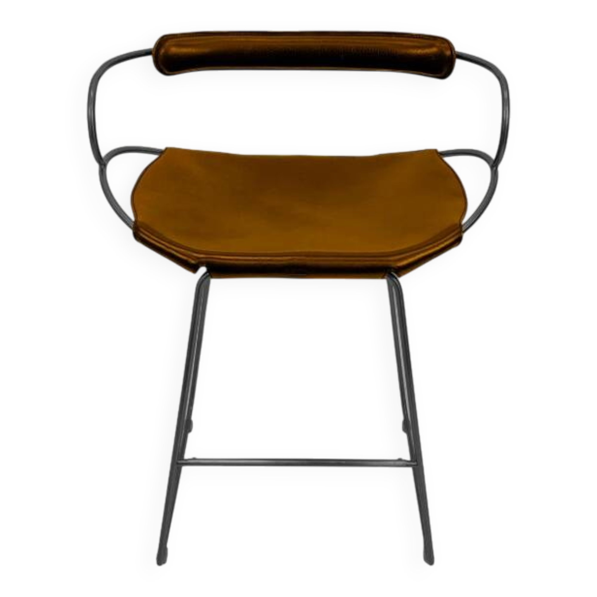 Contemporary bar stool with a smoked black steel backrest and natural tobacco leather.