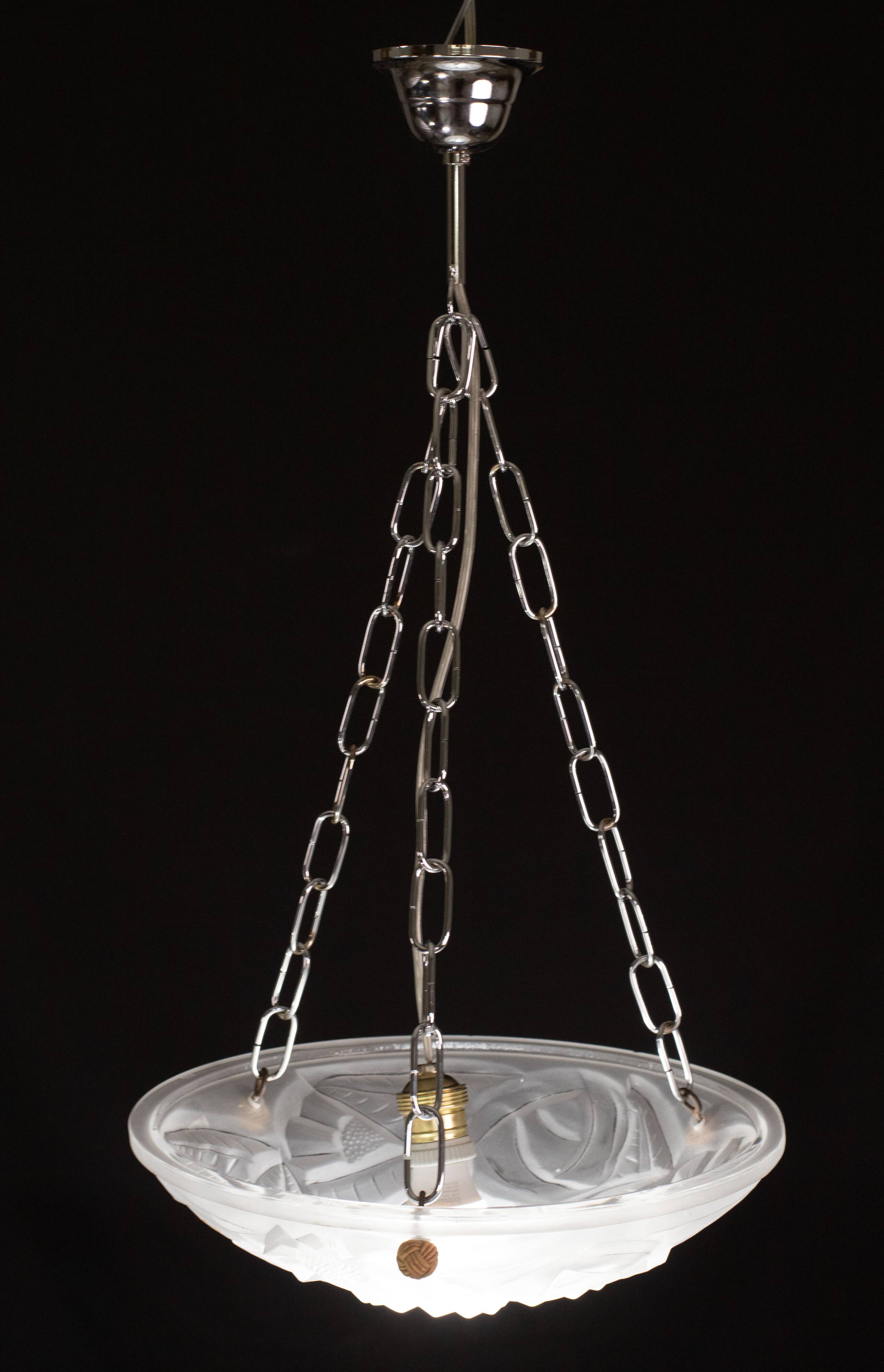 Art Deco Top Quality Pendant Light Floral decorations, Signed Degué