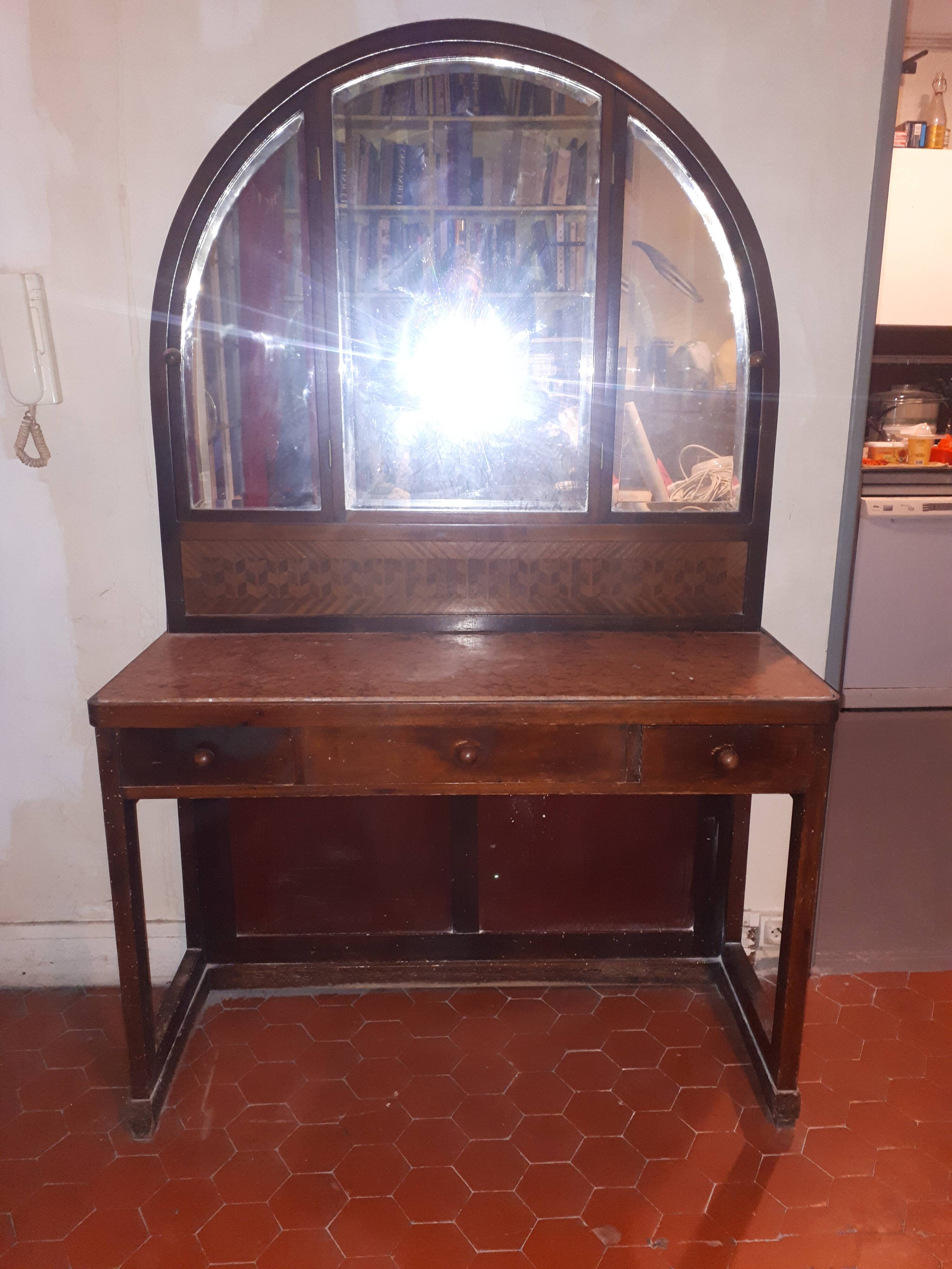 Wooden dressing table Courbet marquetry chevrons art deco Austrian