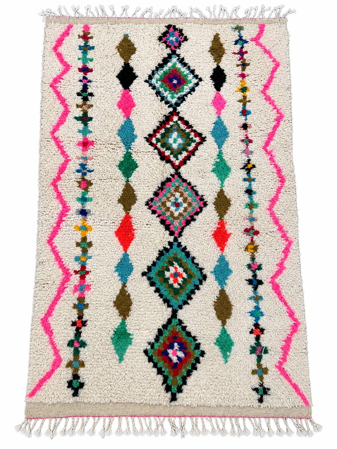 Moroccan Berber rug in ecru with multicoloured diamonds and bright pink – 240 × 139