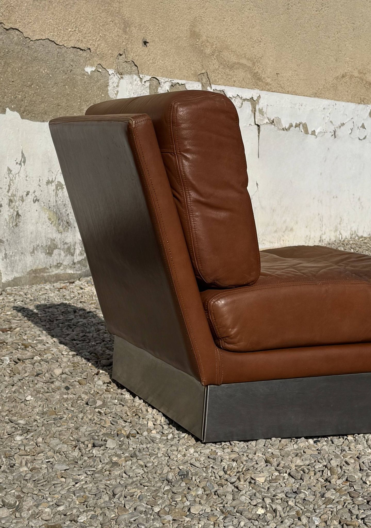Complete vintage living room set, brushed aluminum and brown leather, France, 1970