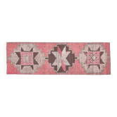 Tapis de couloir vintage turc Oushak fait main en laine et coton rose, années 1970