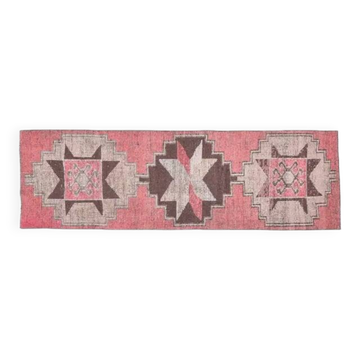 1970s Vintage Turkish Oushak Handmade Wool Cotton Pink Runner Rug 89x279