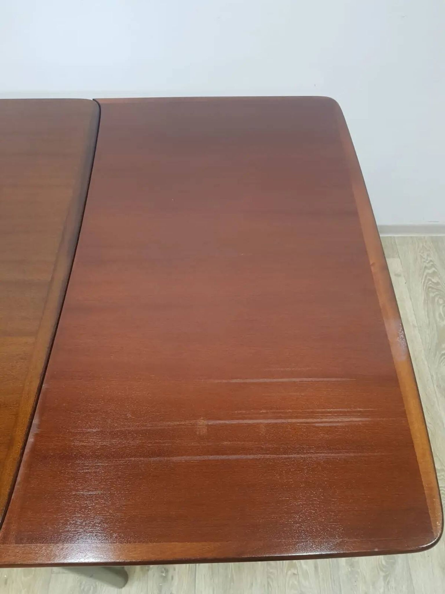 Table and four chairs set, brown wood, beige fabric, Denmark, 1970s.