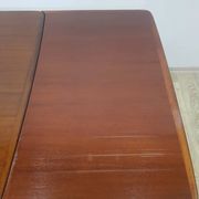 Table and four chairs set, brown wood, beige fabric, Denmark, 1970s.