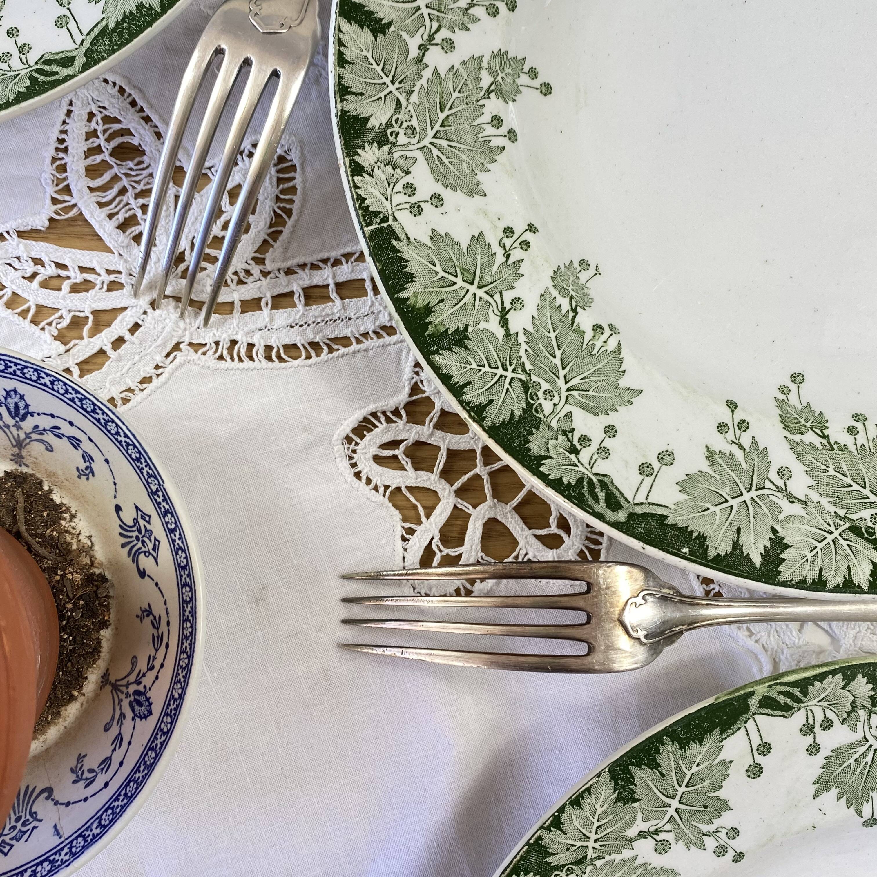 6 flat plates in ironstone from Saint Amand and Hamage, Platane green model.